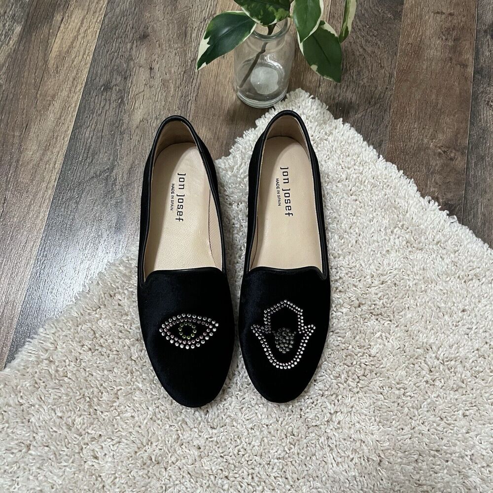 Jon Josef Size 6.5 Black Velvet Evil Eye Loafers Flats - Picture 2 of 6